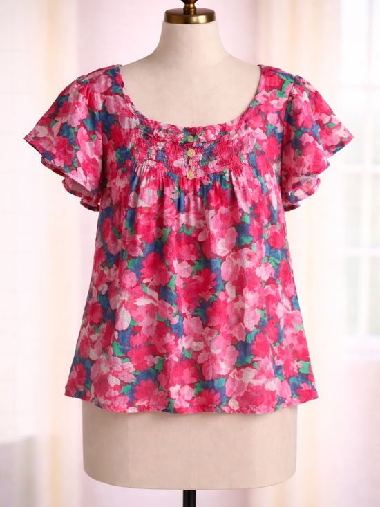 Draper James Tops - Draper James Pink Floral Smocked Scoop-Neck Blouse